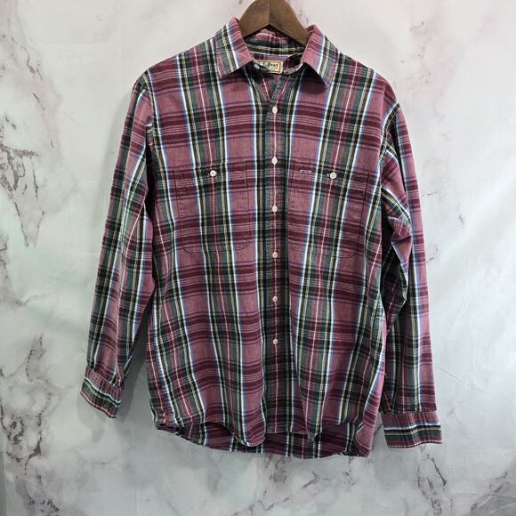 LL Bean Shirt Mens Medium Red Green Plaid Button Up Vintage 90s Long Sleeve - Picture 1 of 11